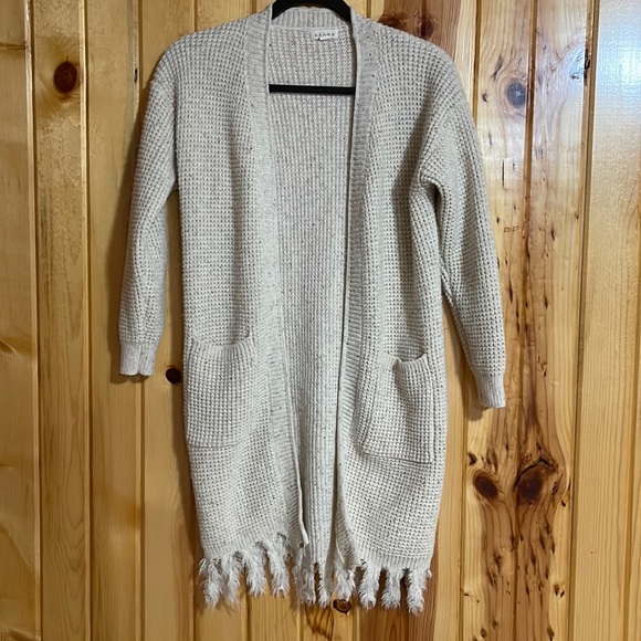 bohme Sweaters - Bohme waffle knit long open front fringe cardigan